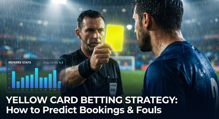 Soccer referee showing yellow card with betting stats overlay