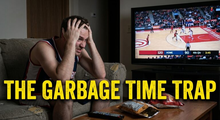 Bettor checking phone for NBA blowout risks with text overlay about spotting garbage time in betting