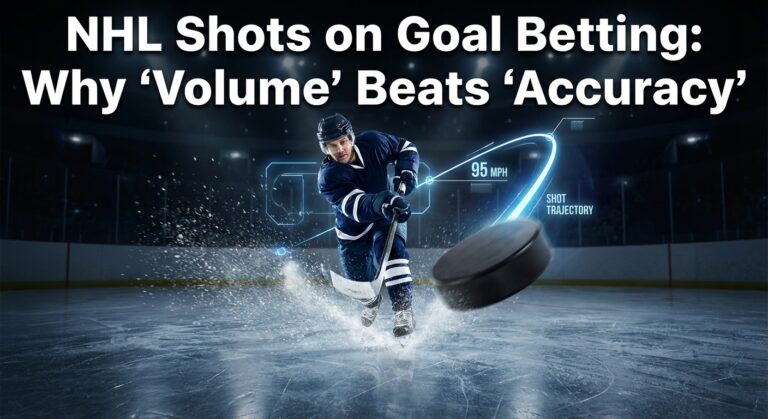 Ice hockey player taking a slap shot with digital analytics overlay showing NHL shots on goal betting strategy