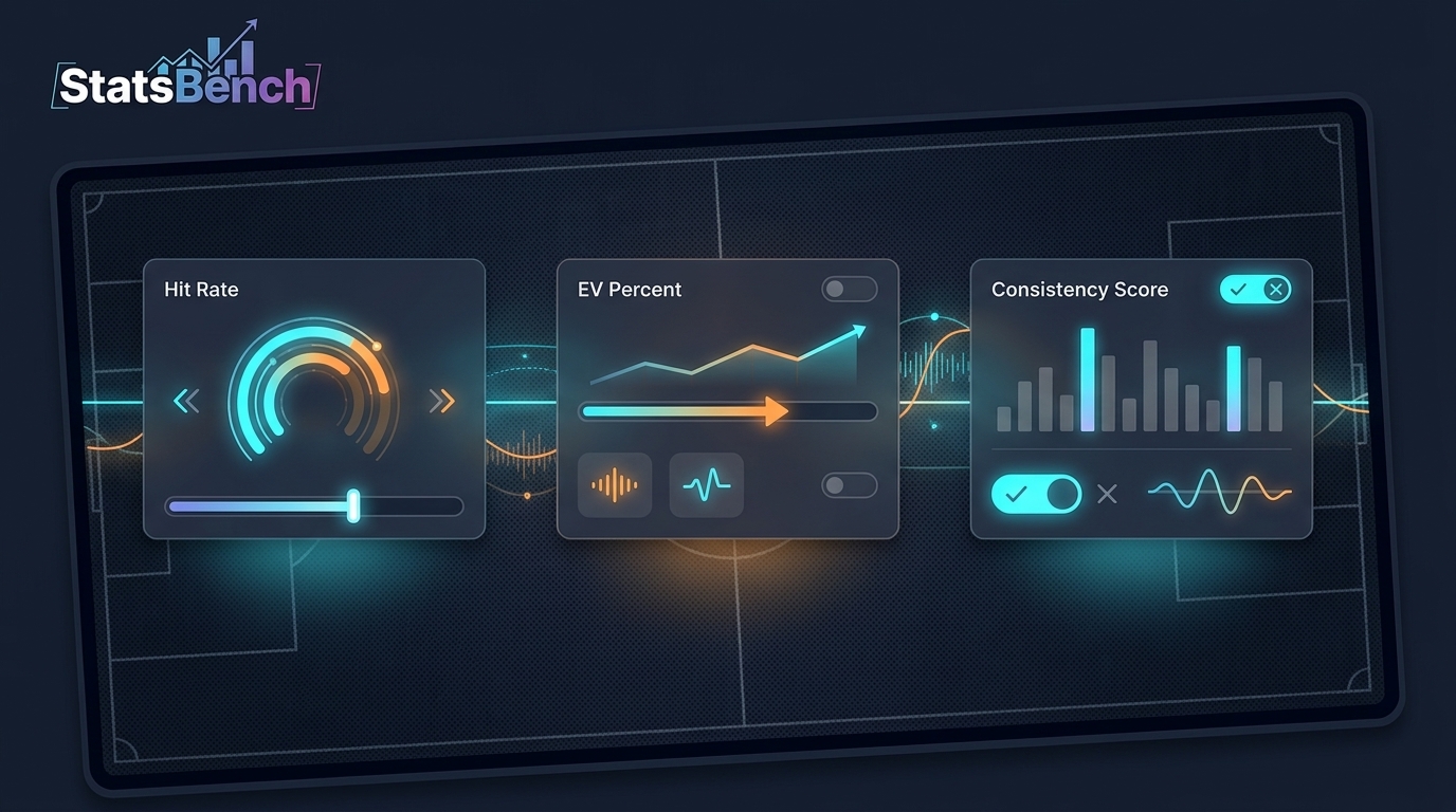 Prop bet analyzer dashboard showing filter options for hit rate and EV percent