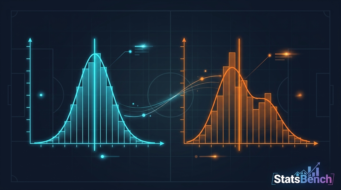 Two histograms showing a tight distribution and a skewed distribution with a prop line marked