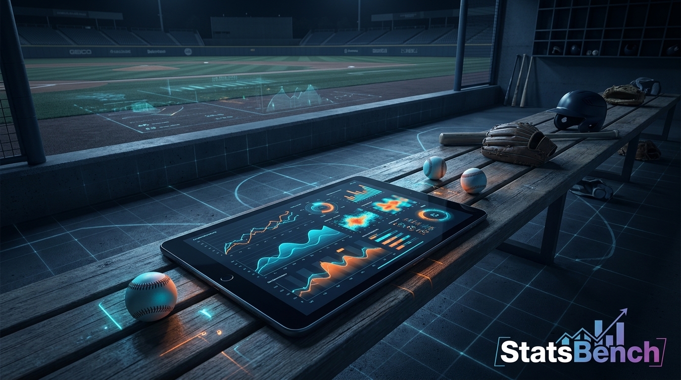 Baseball dugout with a data tablet representing prop research