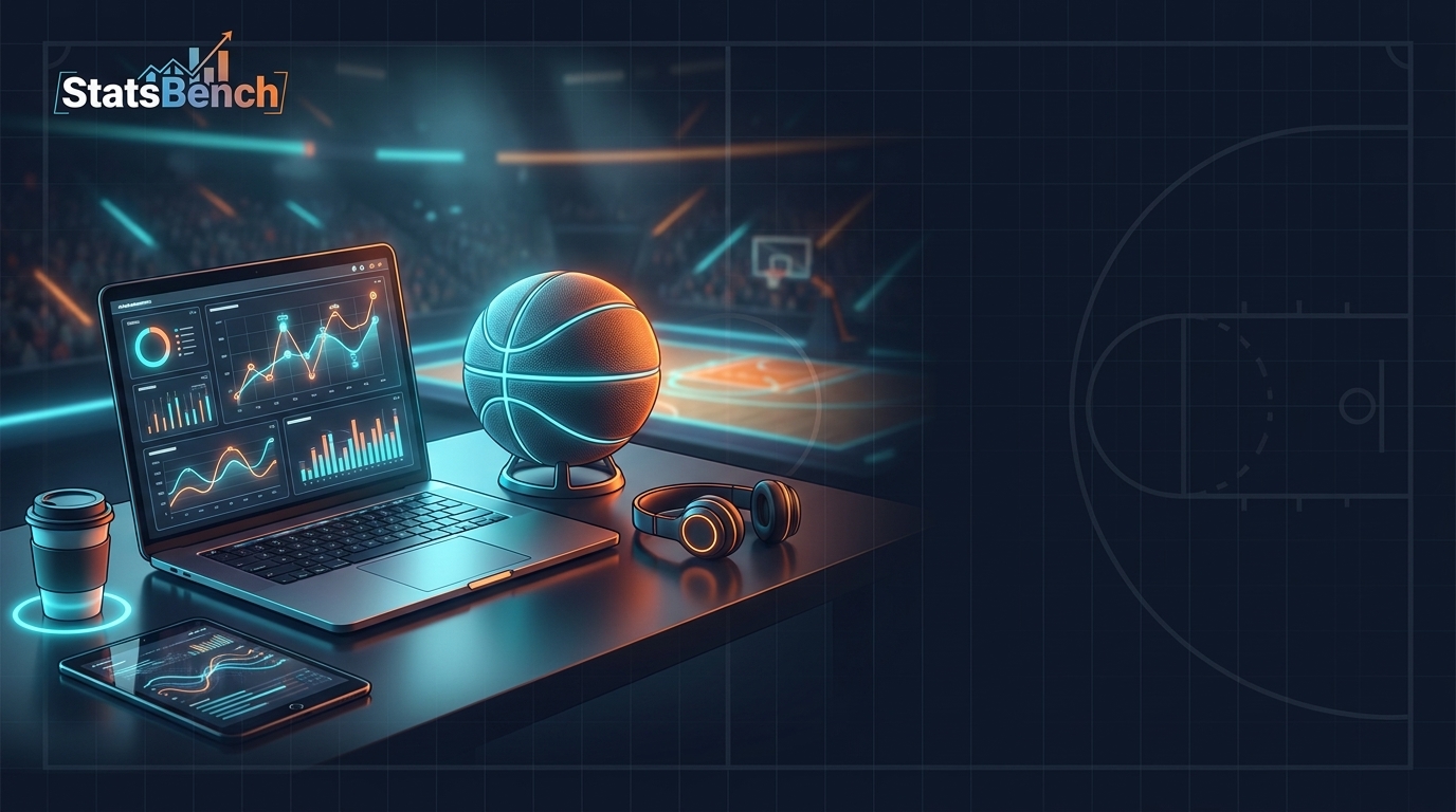 Analyst reviewing basketball statistics on a laptop with a basketball nearby