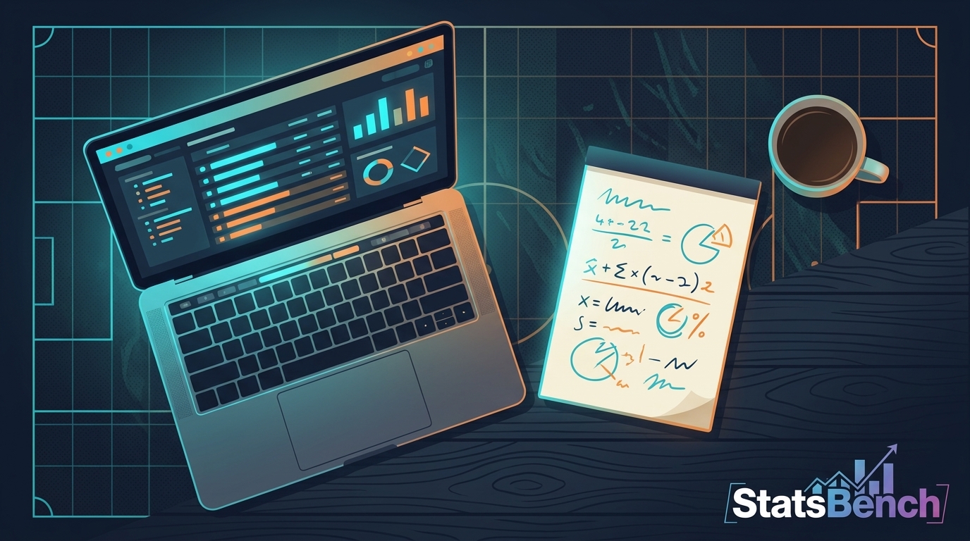 Laptop showing a player statistics table beside a notebook of handwritten break-even percentage calculations