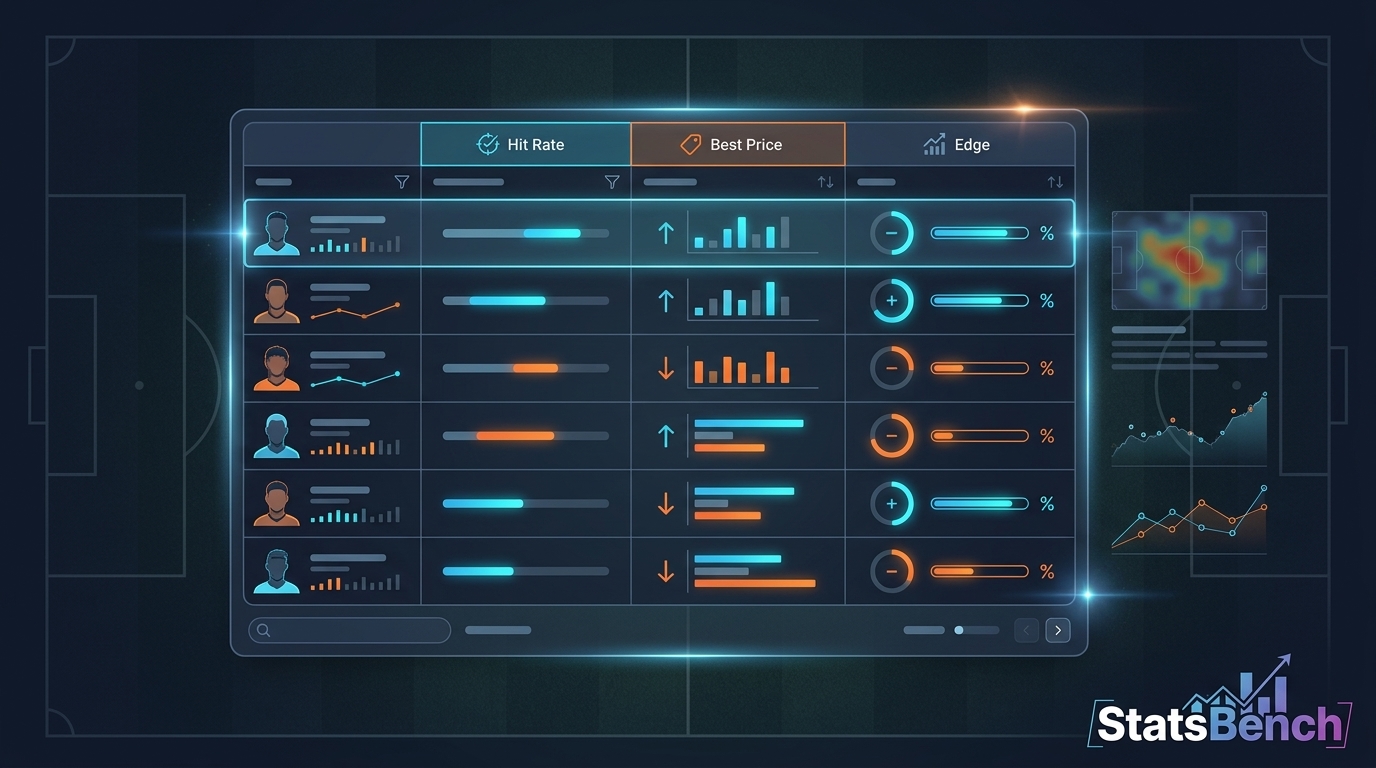 Player prop research table showing hit rates, best odds and edge percentages
