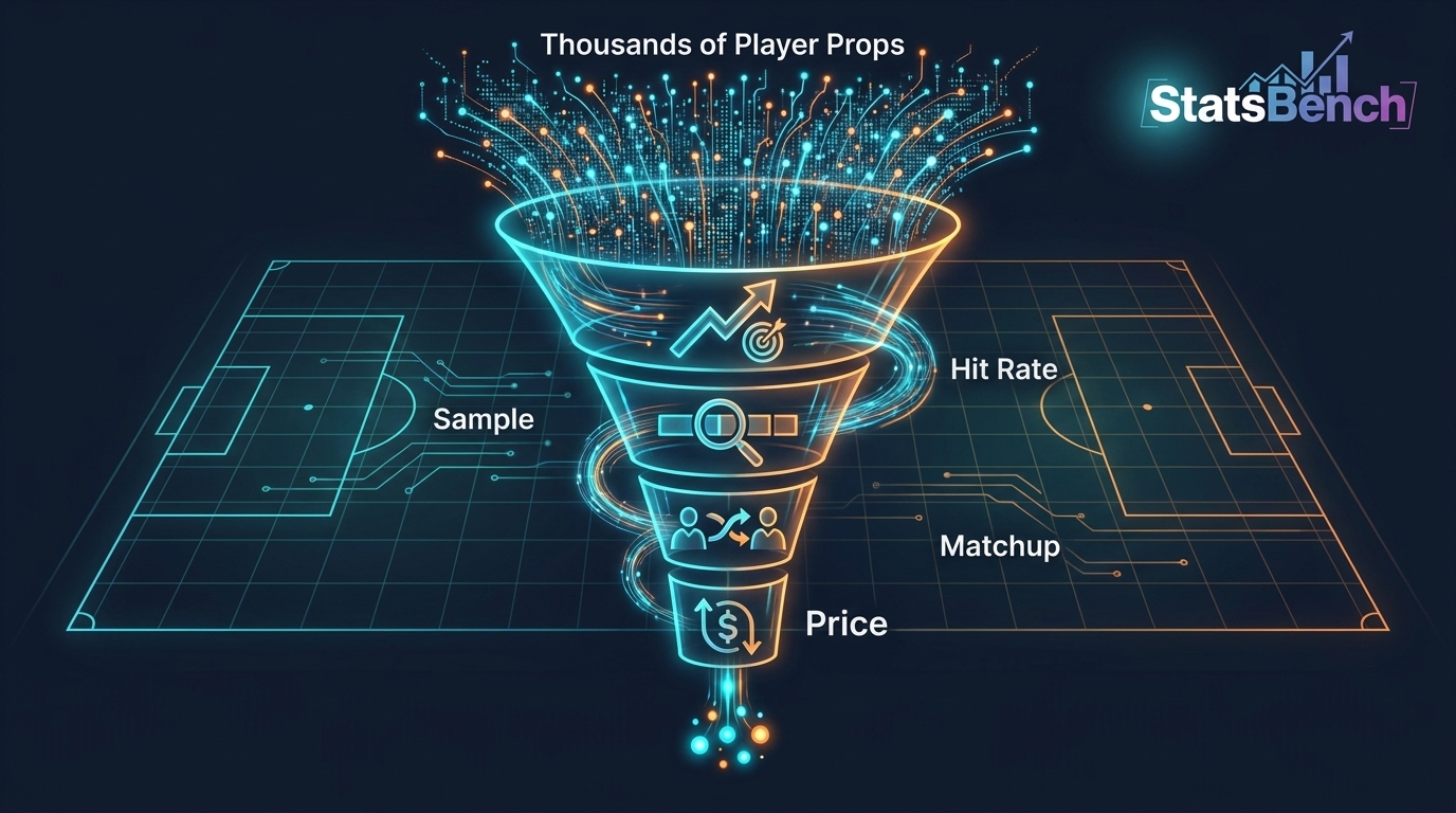 Funnel diagram showing player props filtered down to a short shortlist by hit rate, sample size, matchup and price