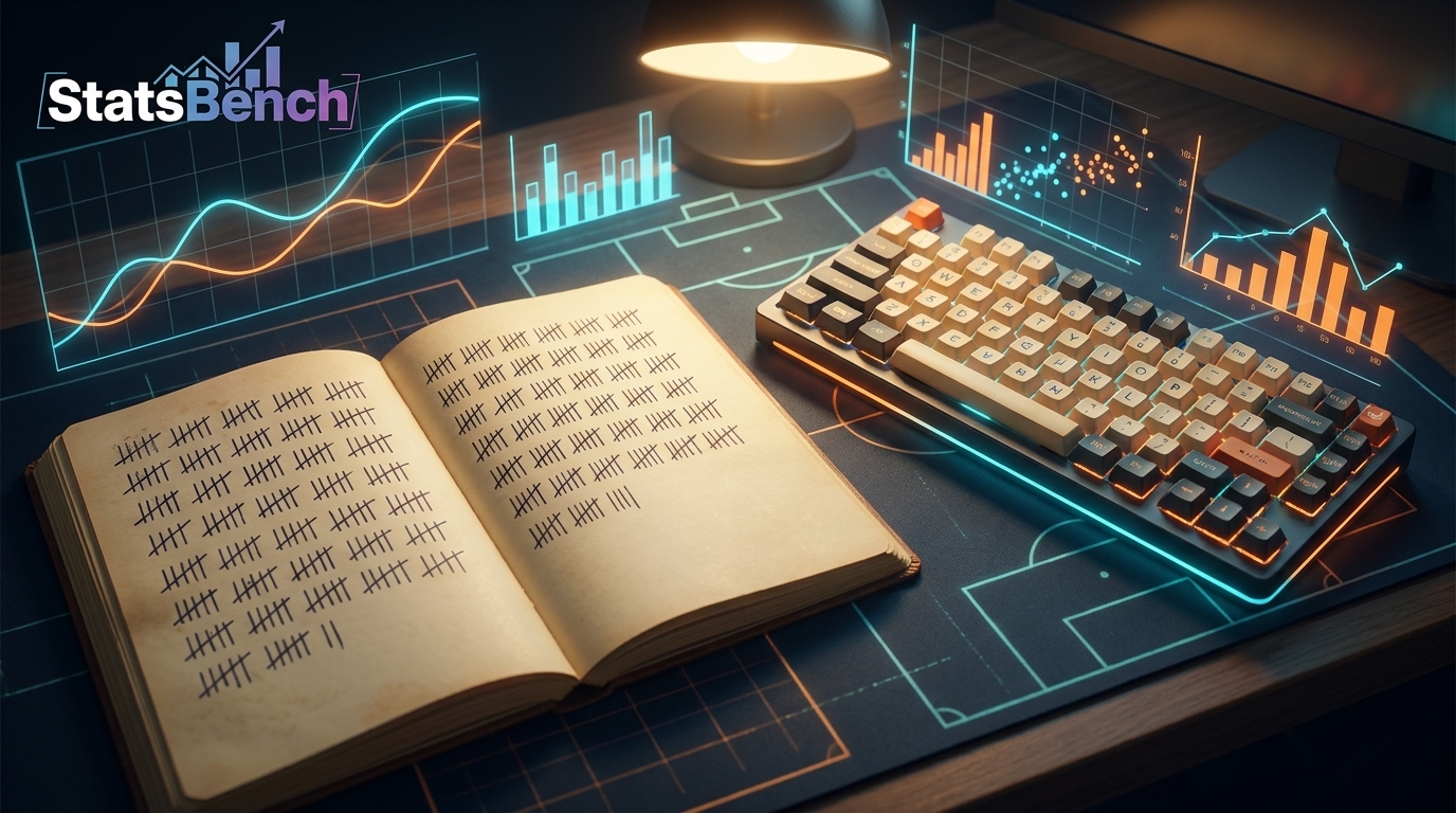 Handwritten tally marks grouped in tens beside a keyboard, illustrating how small a 10-game sample is.