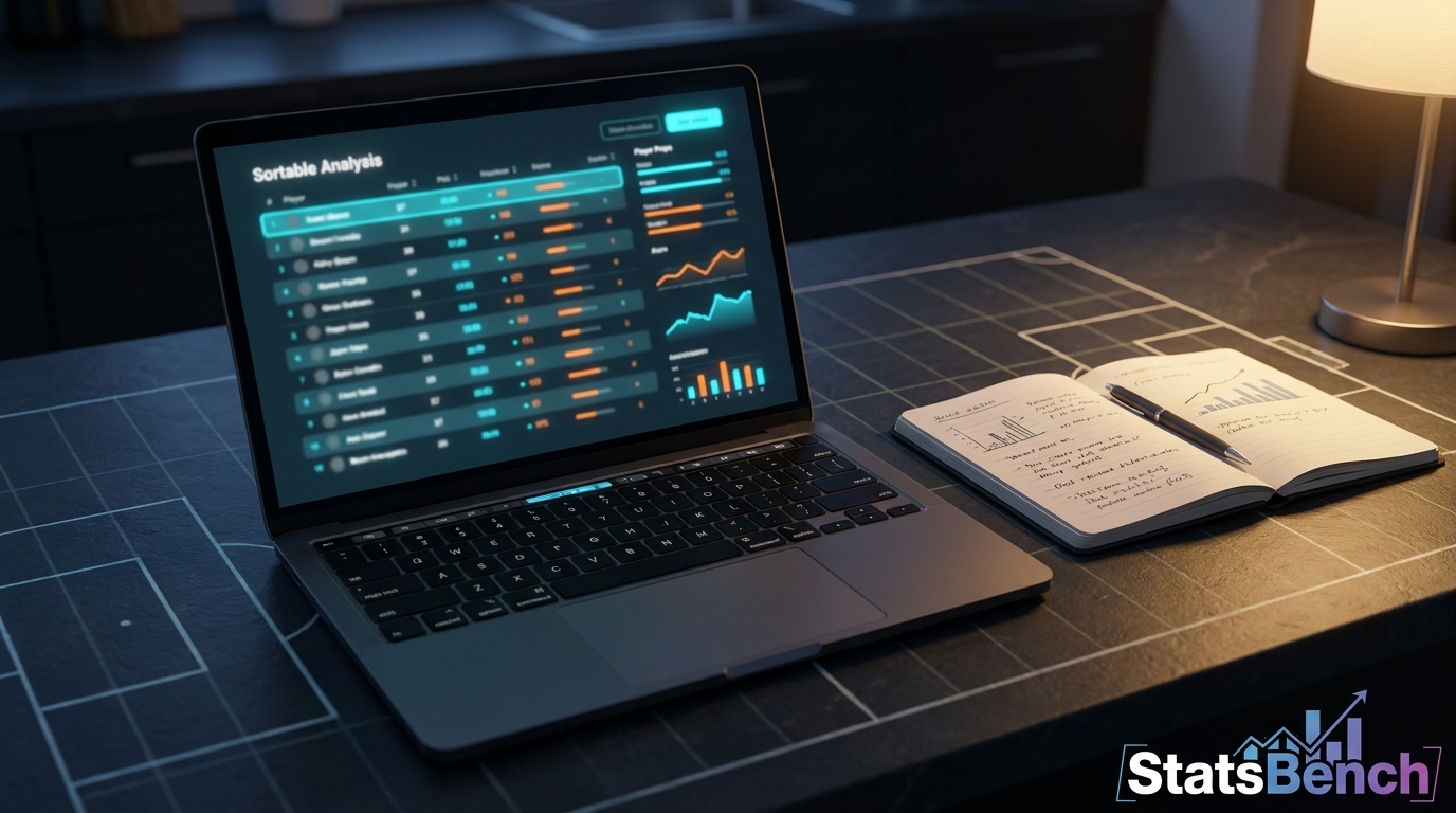 Laptop showing a sortable player prop cheat sheet next to a notebook at night