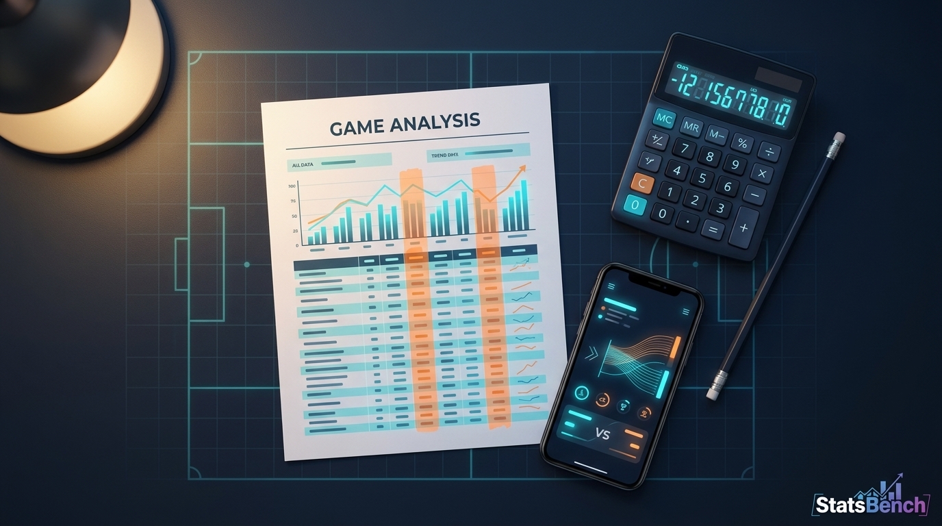 A printed stat sheet, calculator and phone with an odds screen on a betting research desk